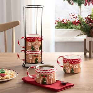 Holiday Time 12 Oz Gingerbread House Glazed Pottery Ceramic Stacking Mug Set With Metal Stand