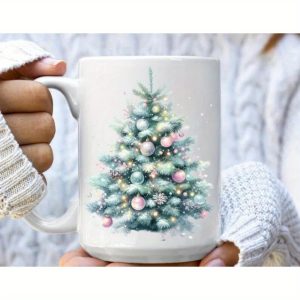 Christmas Tree Mug, Winter Tree Mug, Holiday Coffee Mug, Aesthetic Tree Mug, Pastel Christas Mug, Watercolor Christmas Tree Ceramic Mug, 11oz White Mug with Double Side Print, Fun Cup, 11oz White Mug for Coffee & Tea Lovers|Ideal Gift for Colleagues