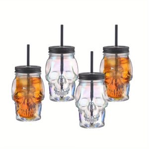 Transparent glass cup with lid and straw, retro Mason jar, juice glass, large capacity handle cup, celebrating glass skull, skull-shaped glass with straw