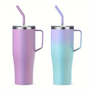 2Pcs 50 Oz Tumbler With Handle, Two Leak-proof Lids And Straw, Insulated Coffee Mug Stainless Steel Travel Mug, Keeps Ice Cold For 30 Hours- Sweat Proof, Dishwasher Safe, Fit In Cup Holder