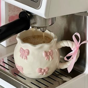 1pc Handmade Irregular Bow Ceramic Mug, 11.5oz, Geometric Pattern, Microwave Safe, Machine Washable, Reusable, Perfect for Home Kitchen, Dorm Breakfasts, Birthday, Christmas, Thanksgiving, Valentine's Day, Mother's Day, Graduation Gifts