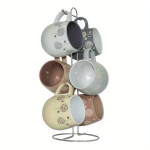 6pcs 17oz Ceramic Pastel Multicolor Coffee Mug Set With Metal Stand - Perfect For Enjoying Your Favorite Hot Or Cold Beverages Such As Coffee, Latte, Cappuccino, Tea, Or Even Ice Cream Frappes