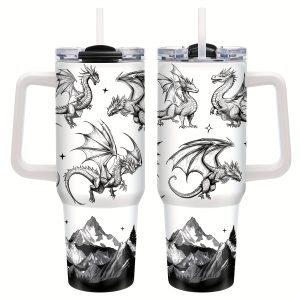 40oz Dragon-Themed Stainless Steel Tumbler with Lid & Straw - Insulated Travel Mug for Hot and Cold Drinks, Durable Handle, Perfect Gift for Coffee Lovers, Car Cup Holder Compatible, Ideal for Outdoor Adventures, Sports, Christmas