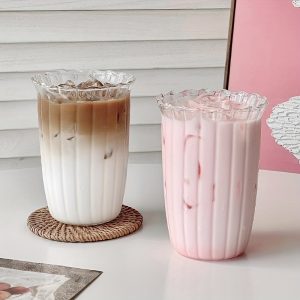 Instagram Wind Stripe Glass Cup High Boron Silicon High Temperature Resistant Transparent Ice American Latte Coffee Cup Cold Drink Cup Water Cup 400ml 6pcs